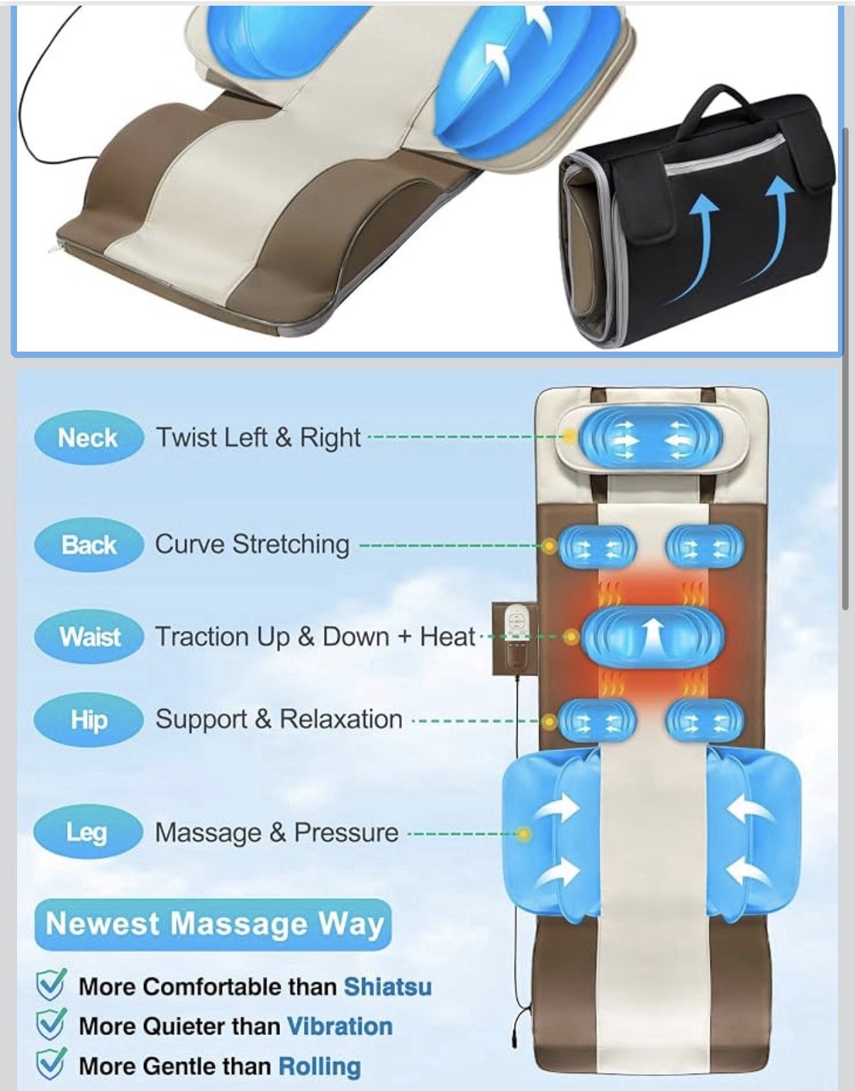 ZELLOXY Full Body Massage Mat with Heat, Back Massage Pad with 3D Air