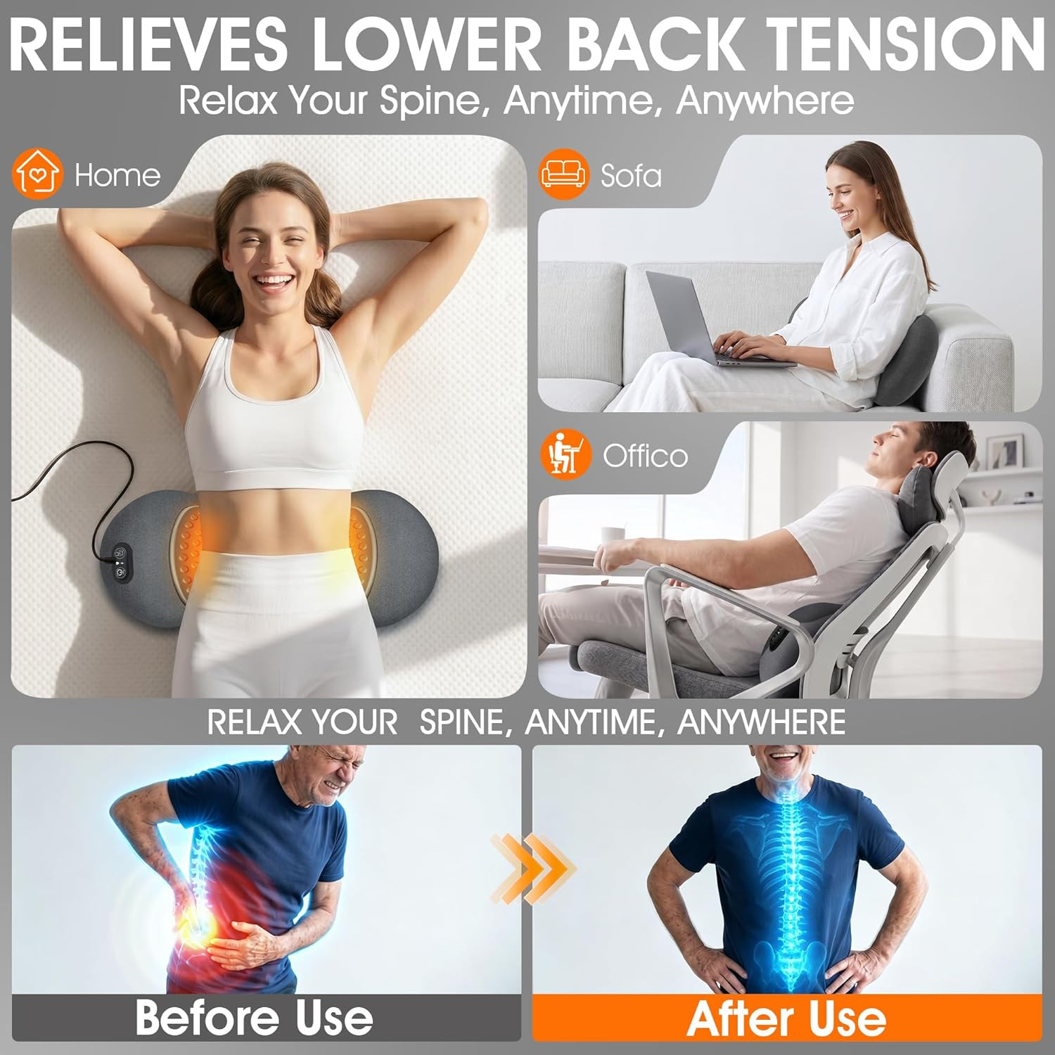 3-In-1 Electric Lumbar Support Pillow,Triple Fusion Back Massager with Heat,Vibr