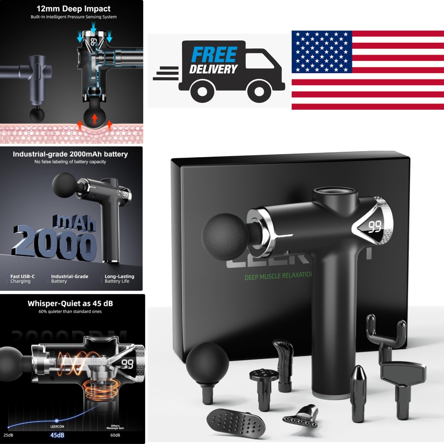 Percussion Massage Gun for Athletes 6 Speed Settings and 8 Interchangeable Heads