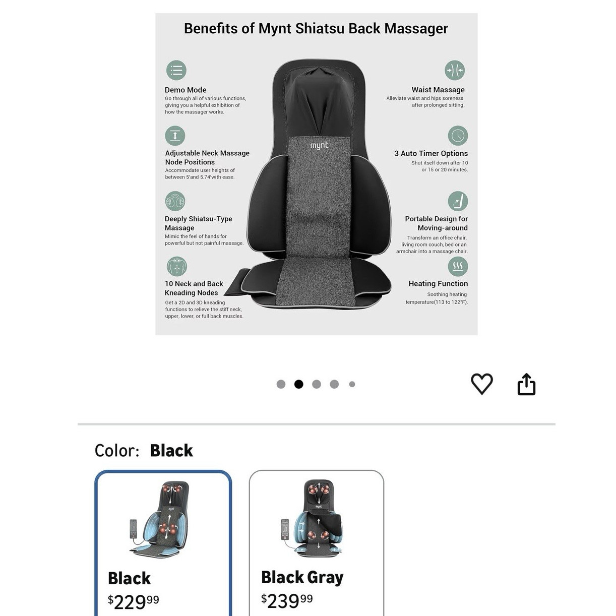 Mynt Shiatsu Kneading Heated Portable Massage Cushion for Neck/Back/Waist