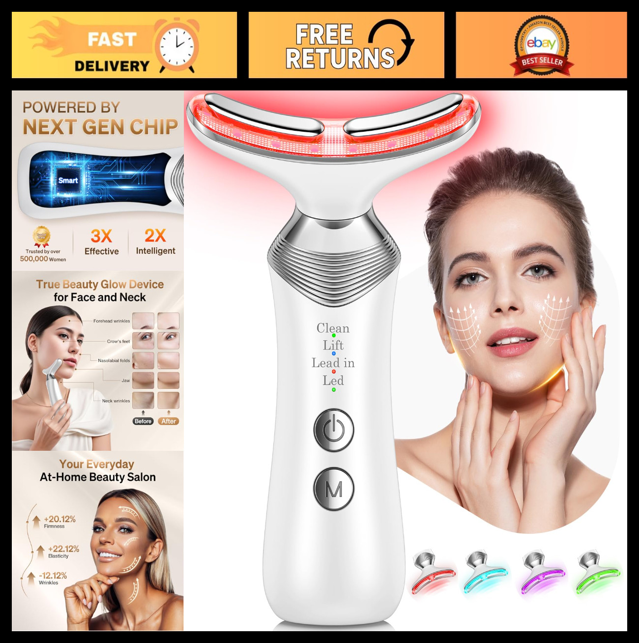 7-in-1 Face & Neck Massager Tool, 4 Modes, At-Home Beauty Device for Skin Care