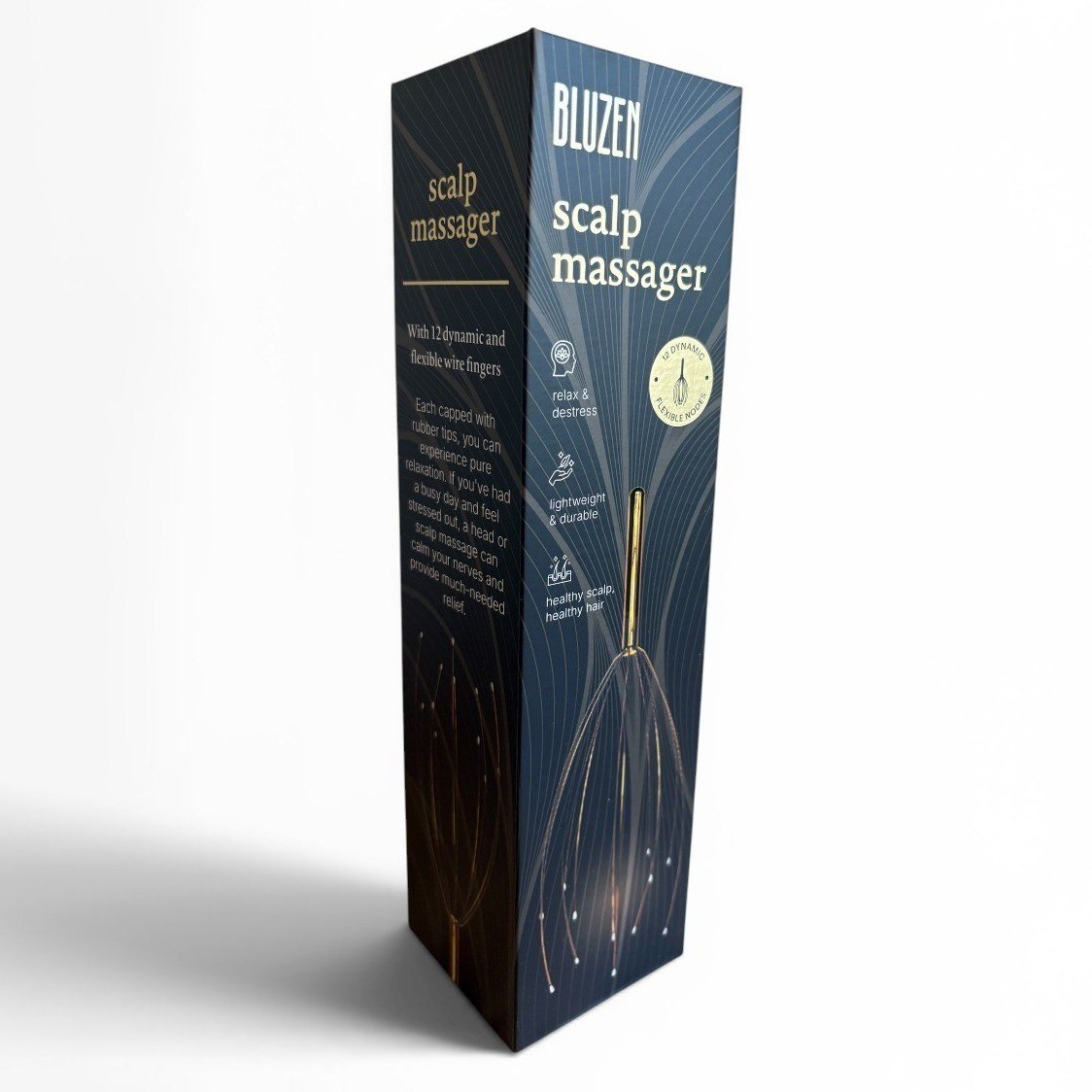 Bluzen Scalp Massager 12 Flexible Wire Fingers Gold Stress Relief New in Box