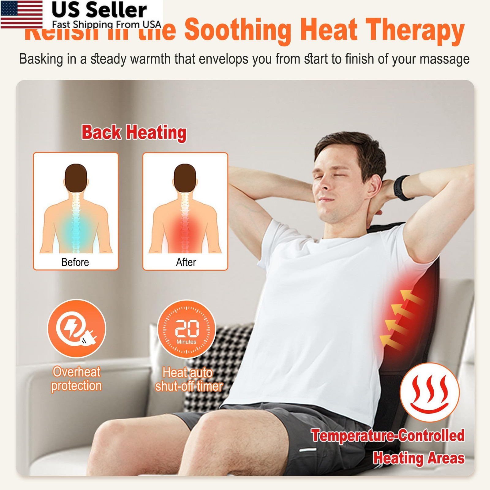 Massage Seat Cushion with Heat, Cooling Back Massager for Chair, Jet-black
