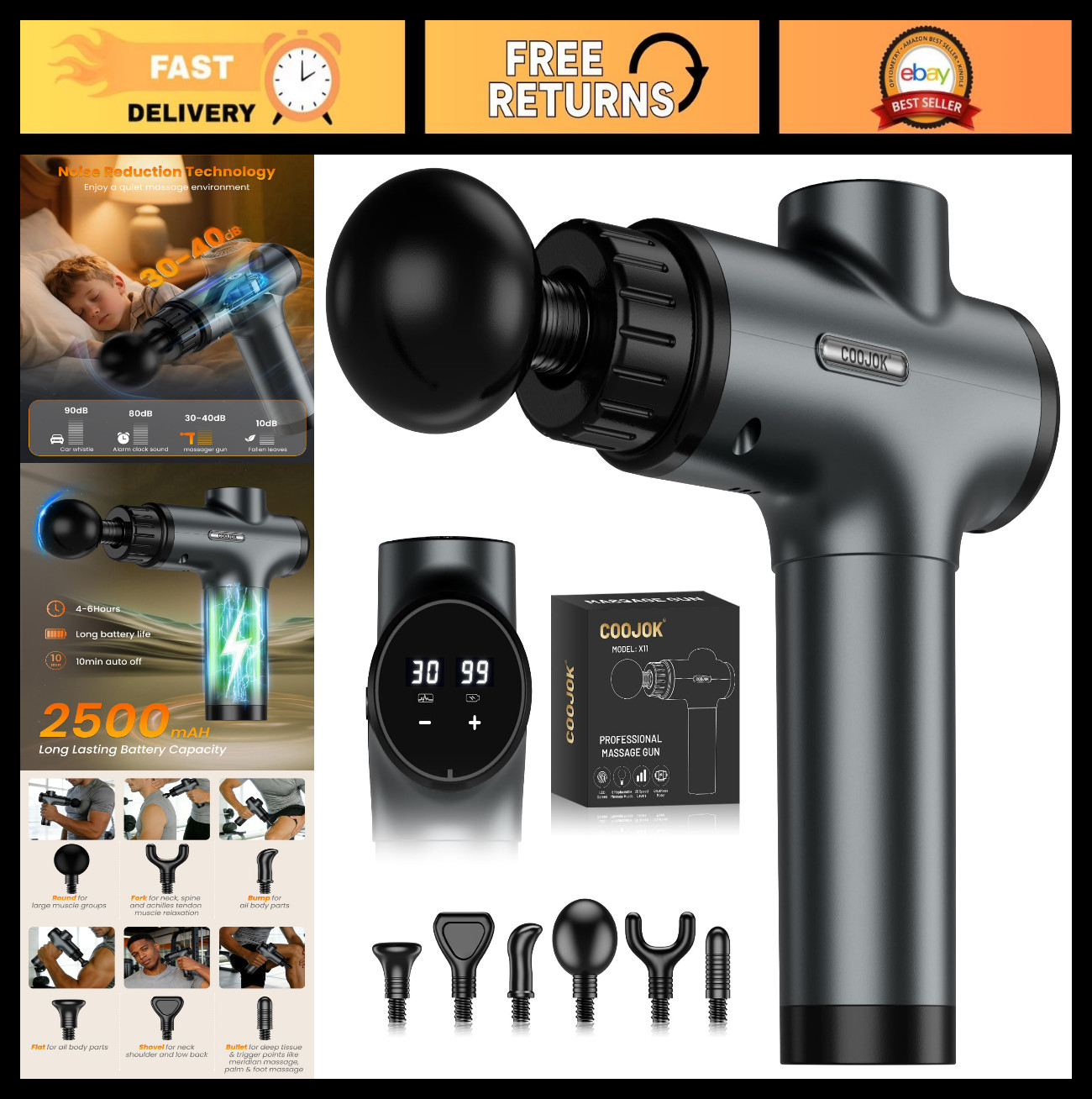 Deep Tissue Massage Gun, Handheld Electric Muscle Massager, 30 Speed Levels, 6 H