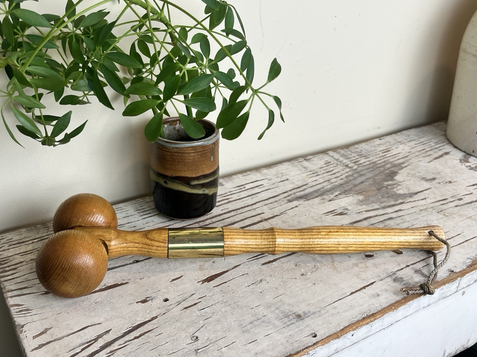 Vintage Wooden Oak Back Massager Roller Rolling Balls W/Handle Brass Accent 15”