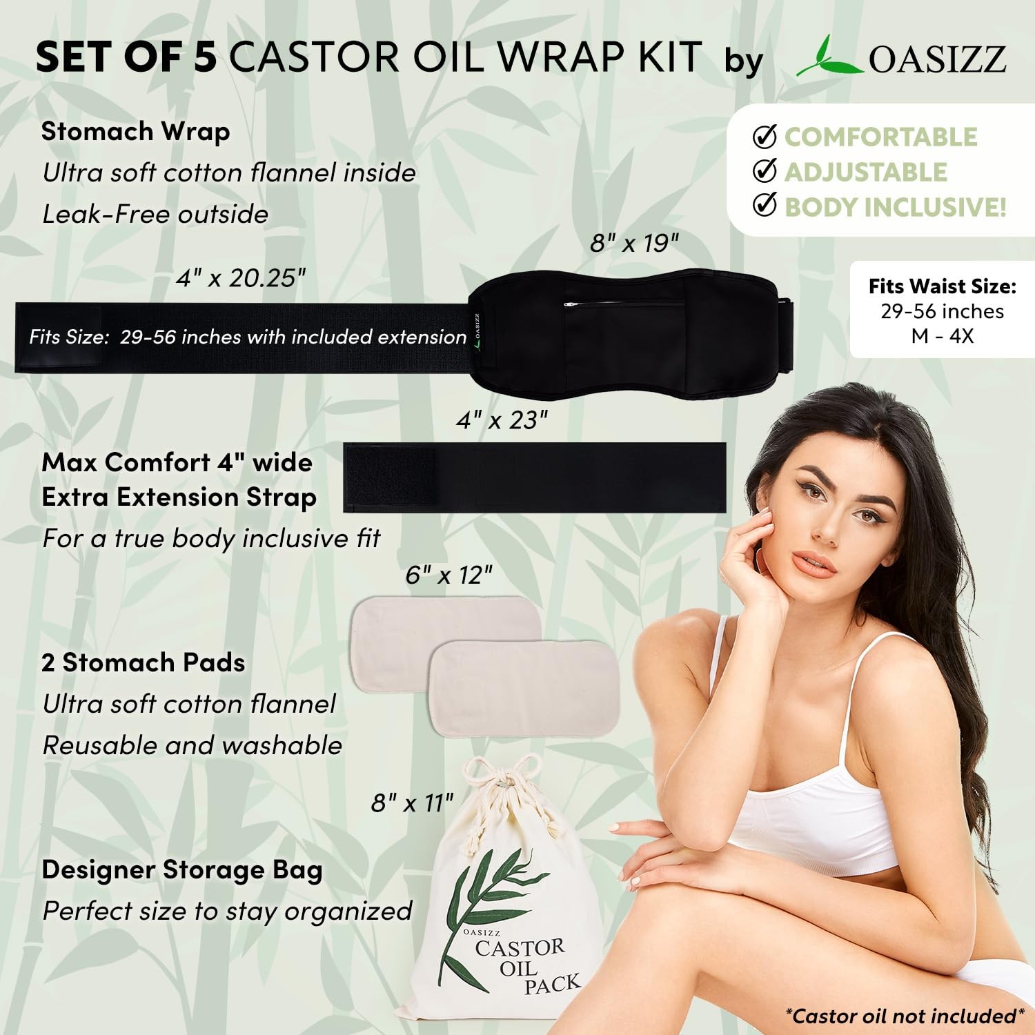 Premium Reusable Castor Oil Pack Wrap for Stomach (5-Piece, M-4X, Black) – Pu…