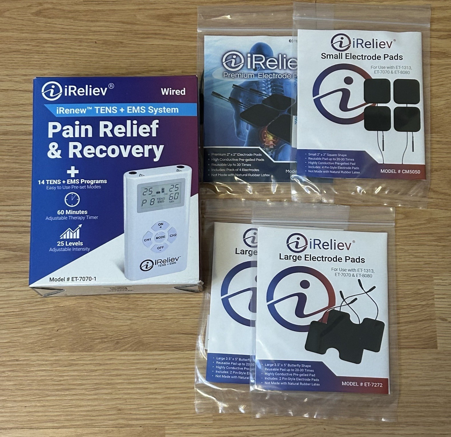iRELIVE ET-7070 TENS + EMS PAIN RELIEF & MUSCLE STIMULATOR, WHITE + Pads
