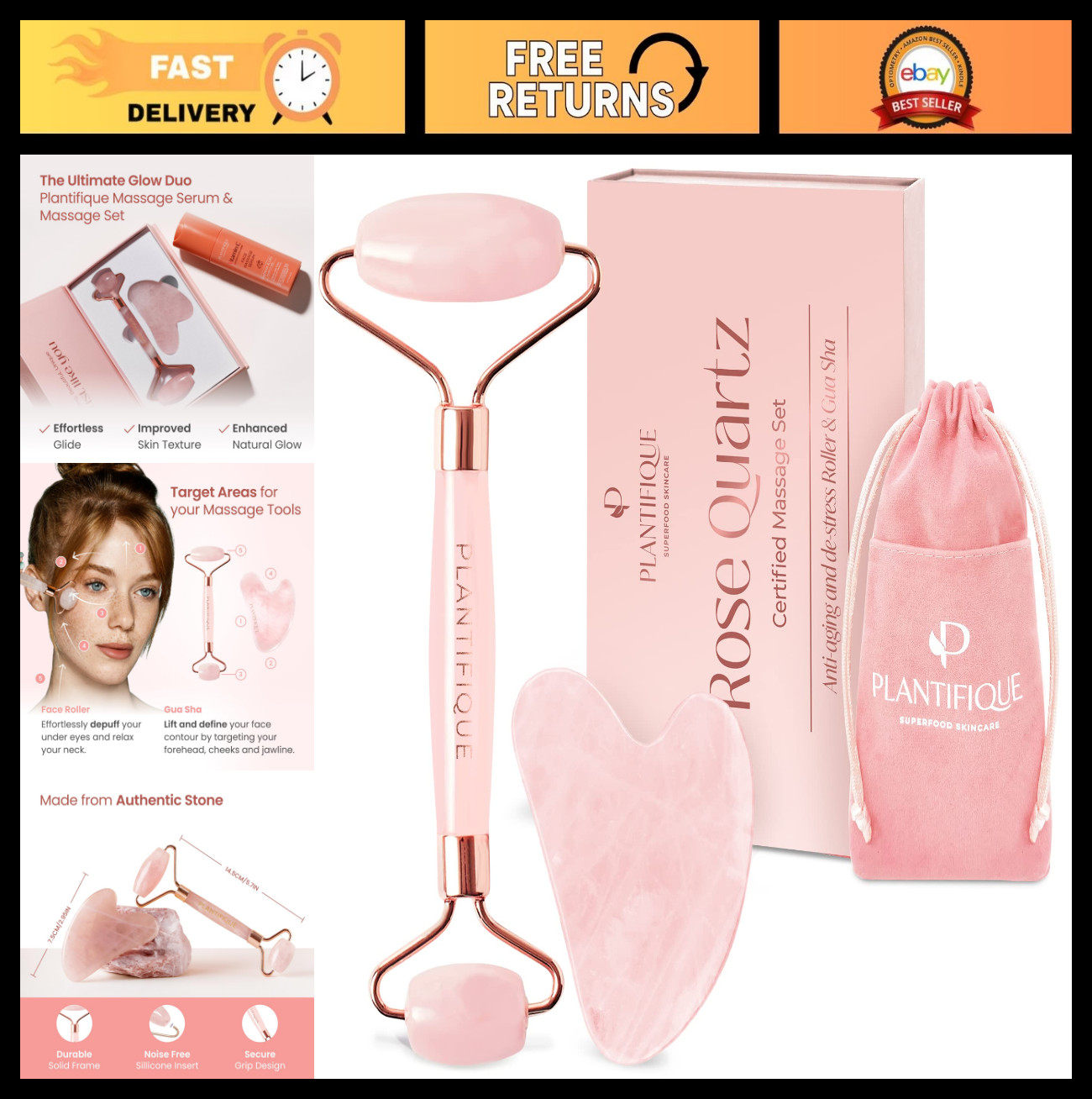 Rose Quartz Face Roller & Gua Sha Set | Jawline Shaper | Skin Care Tool | Gift I