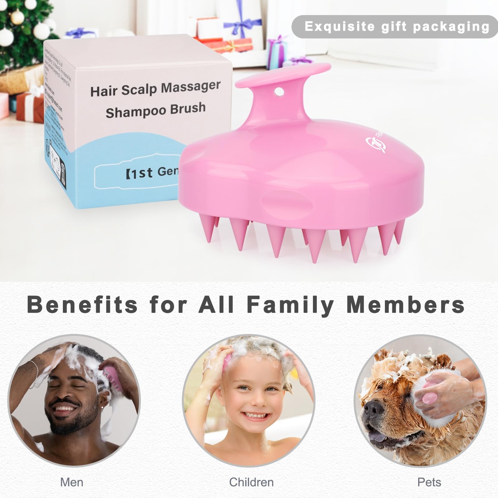 FREATECH Massager Shampoo Brush with Soft Silicone 1 Count (Pack of 1), Pink