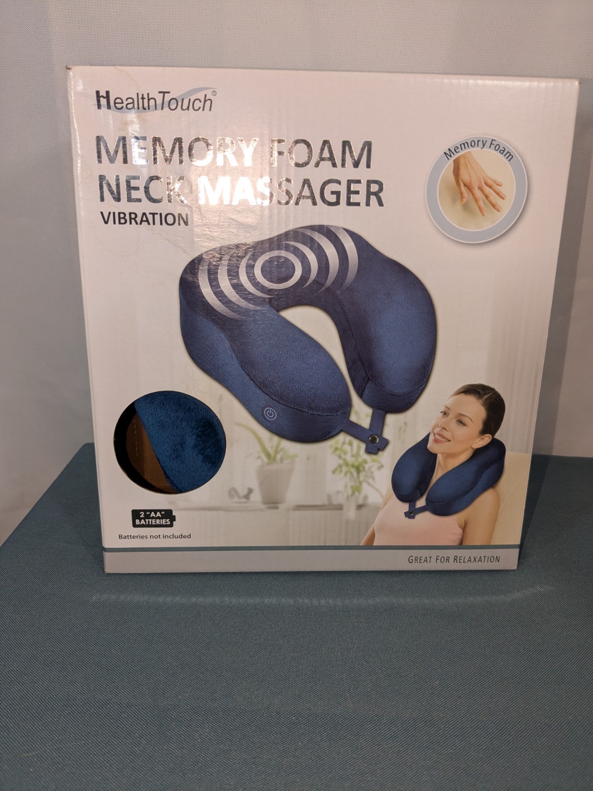 Health Touch Memory Foam Neck Massager w/ Vibration Blue New Open Box