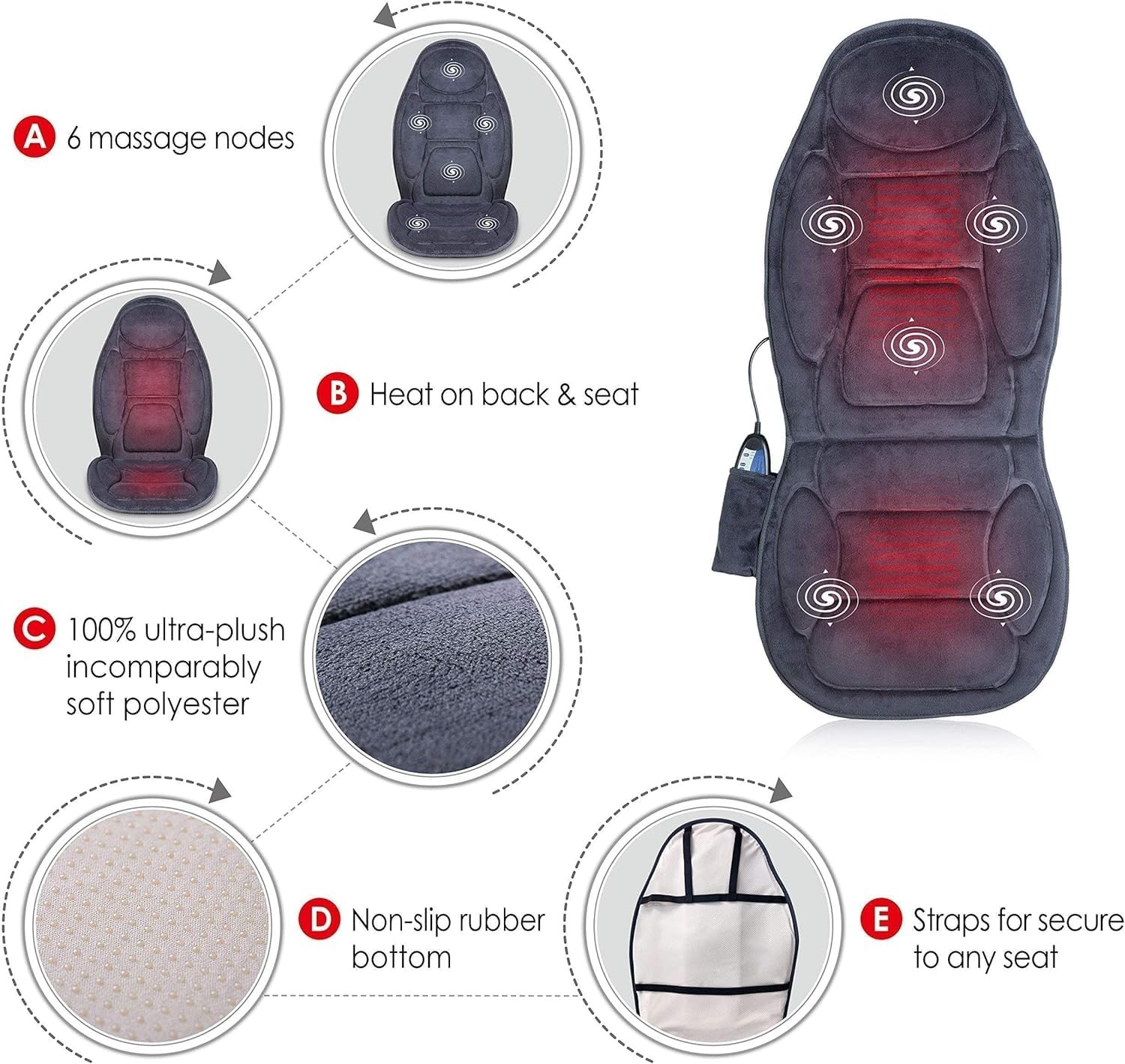 Snailax Vibration Back Massager with Heat, Massage Seat Cushion Dark Grey
