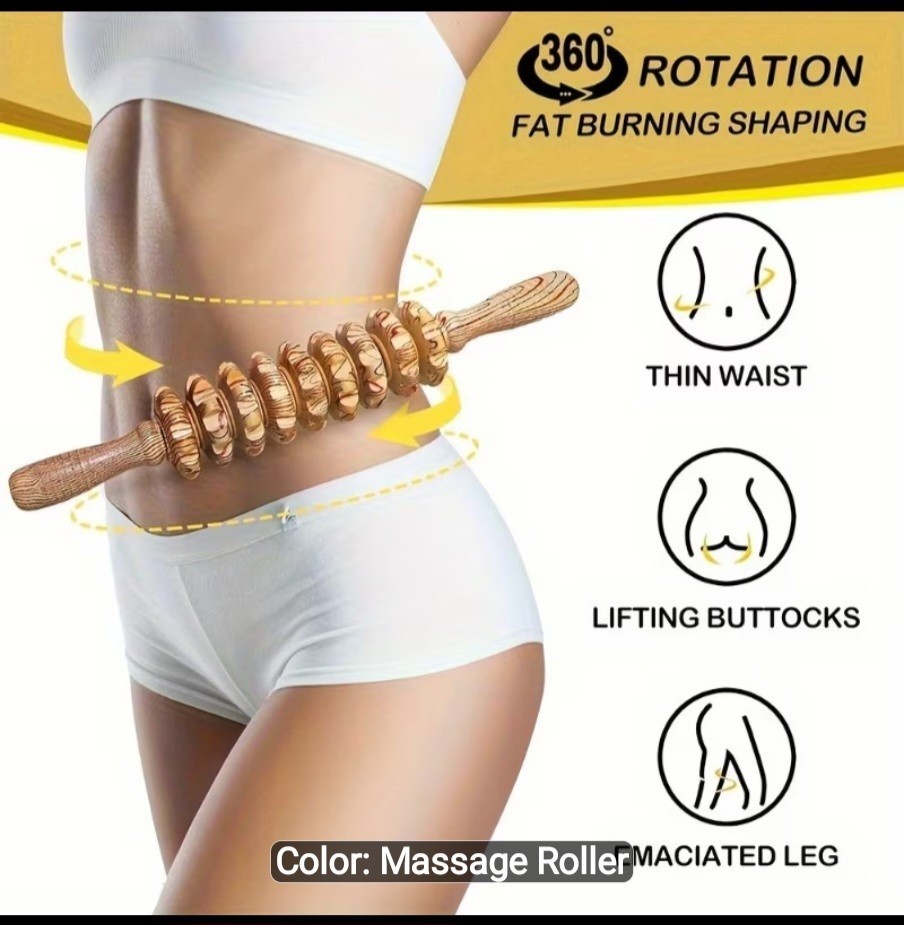 Wooden 9 Wheel Massage Roller Stick Full Body Muscle Therapy & Fascia Massager