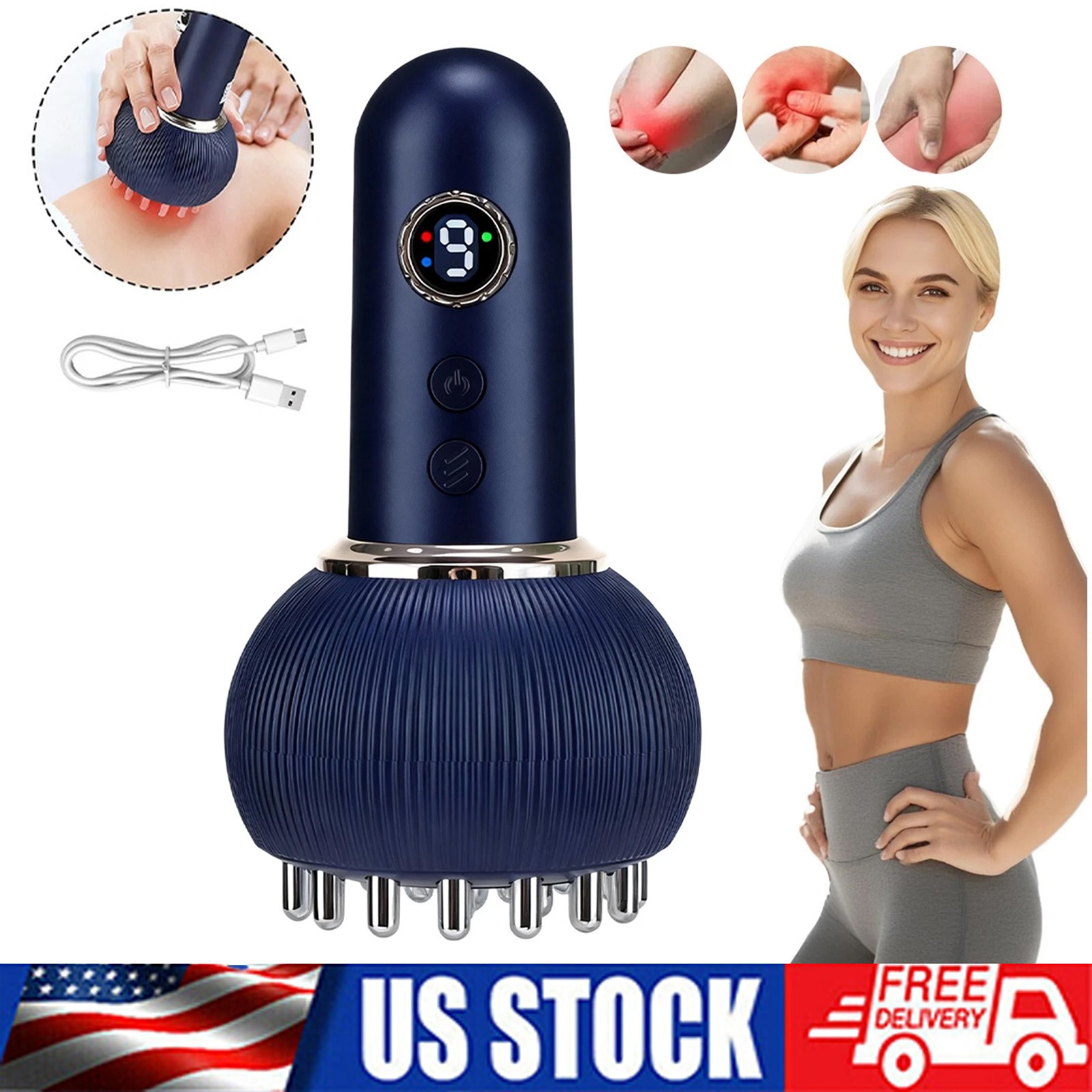 Electric Meridian Massage Brush Microcurrent 9 Speed Heating Vibration Massager