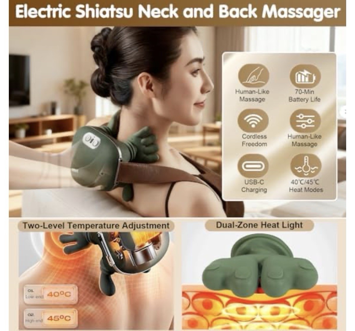Siasoo Neck Massager With Heat-Wireless Portable Shiatsu Neck and Shoulder