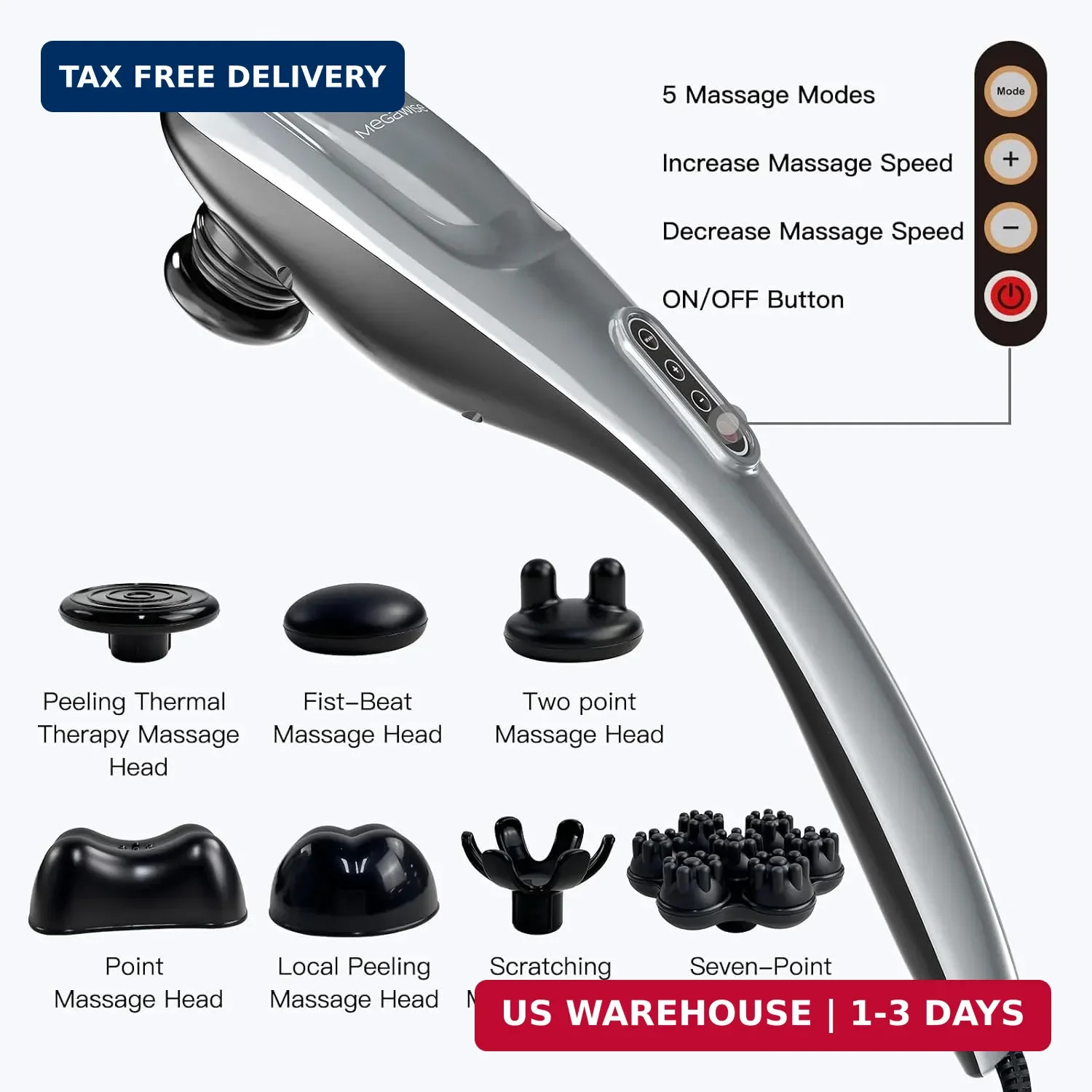 MEGAWISE Handheld Deep Tissue Neck Back Massager for Shoulders, Waist, Legs, 360
