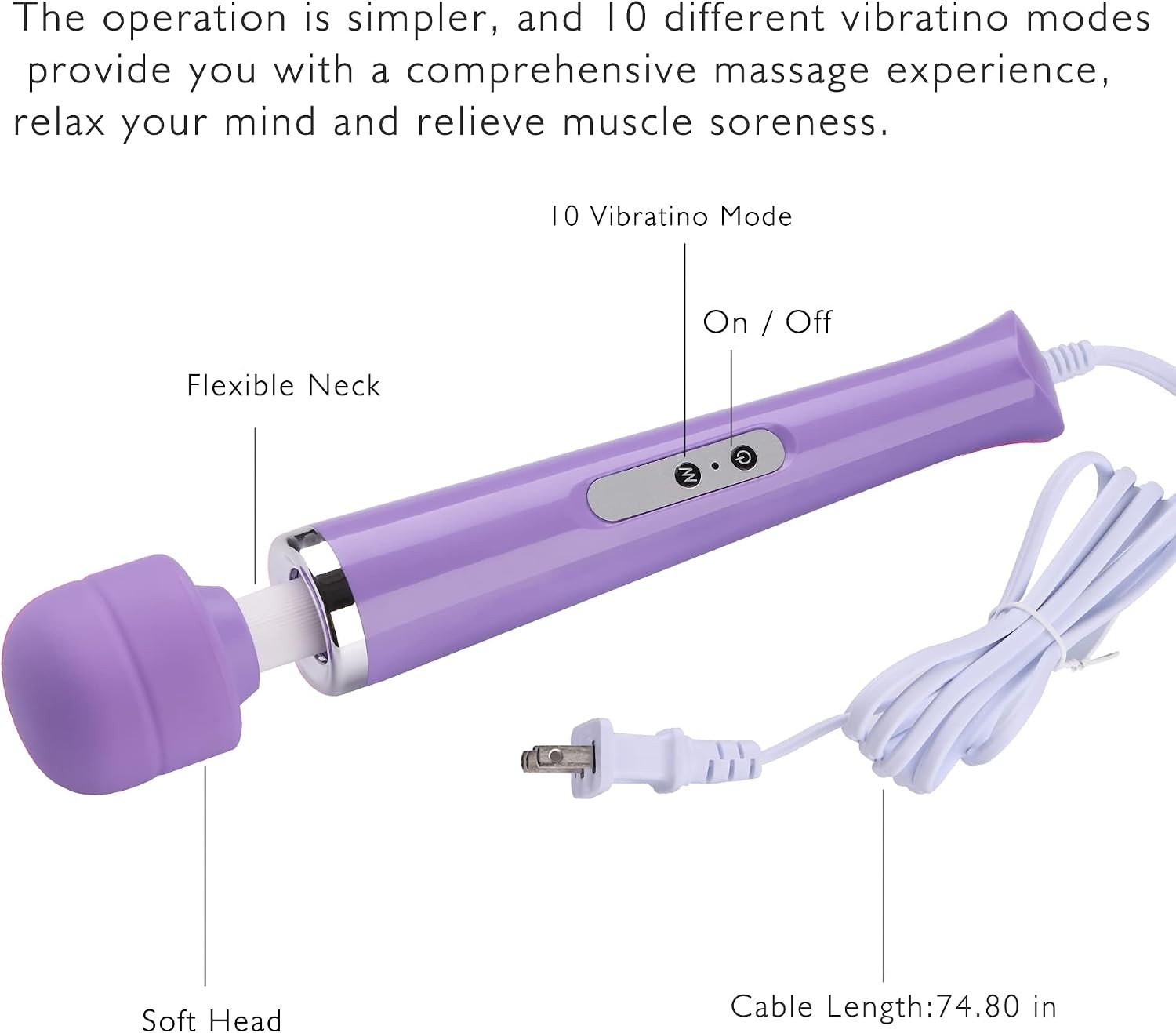 Light Purple Handheld Electric Massager – 10-Speed Wand for Whole Body Relief