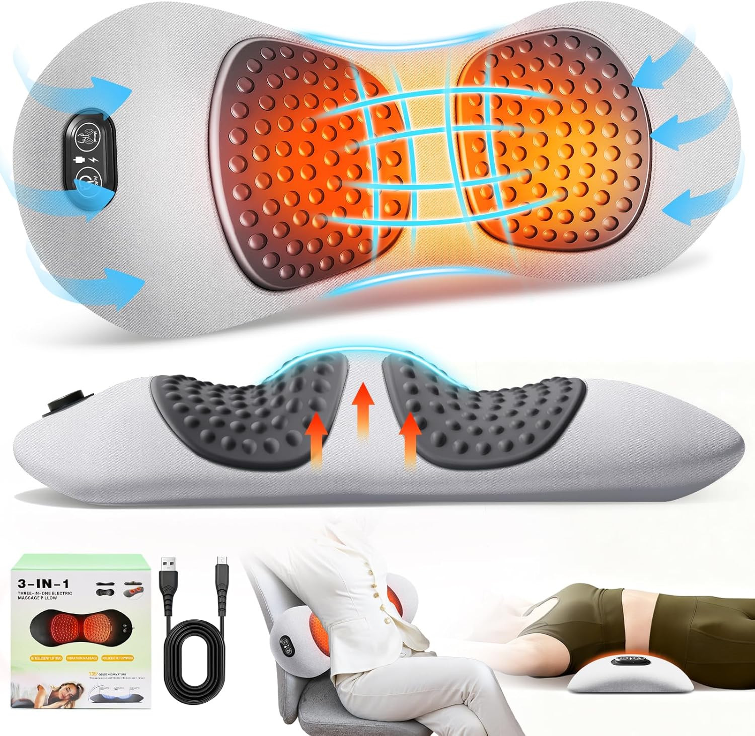 FunBy 3-in-1 Electric Lumbar Support Pillow,Triple Fusion Back Massager with Hea