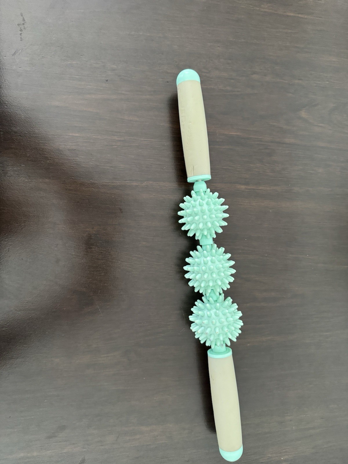 Manual Handheld Body Massage Roller Stick 3 Spiky Balls, Beige/Blue 15in