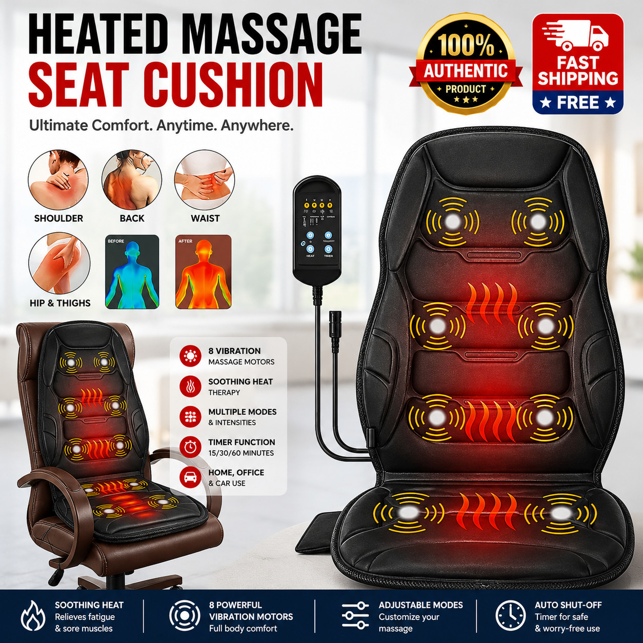 Massage Seat Cushion With Heated Back Neck Body Massager Chair For Home Office