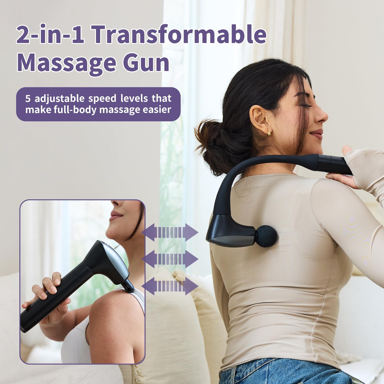 2-in-1 Detachable Muscle Massage Gun Deep Tissue with 20» Extension Handle, Bac