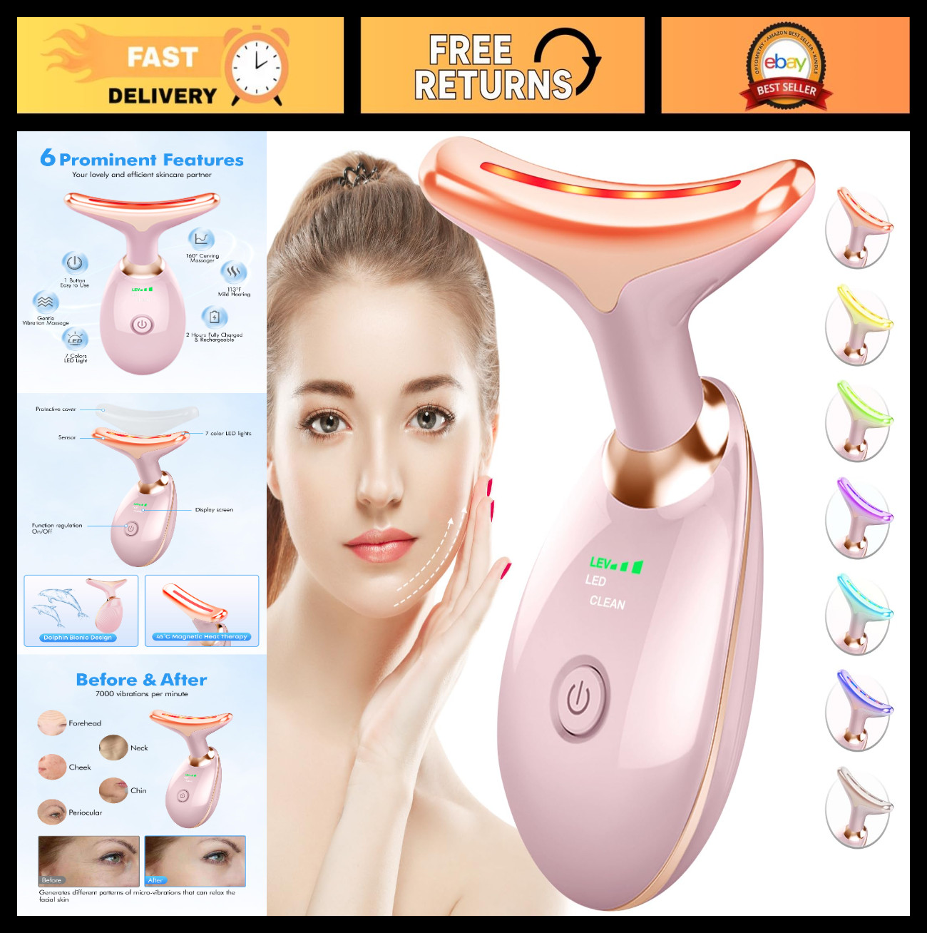 7 Color Red Light Therapy Face Massager Tool for Wrinkles & Double Chin, Pink