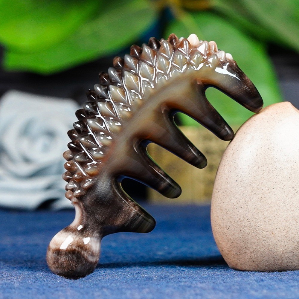 Natural White Buffalo Horn Black Diamond Hedgehog Five-tooth Comb Gua Sha Tool