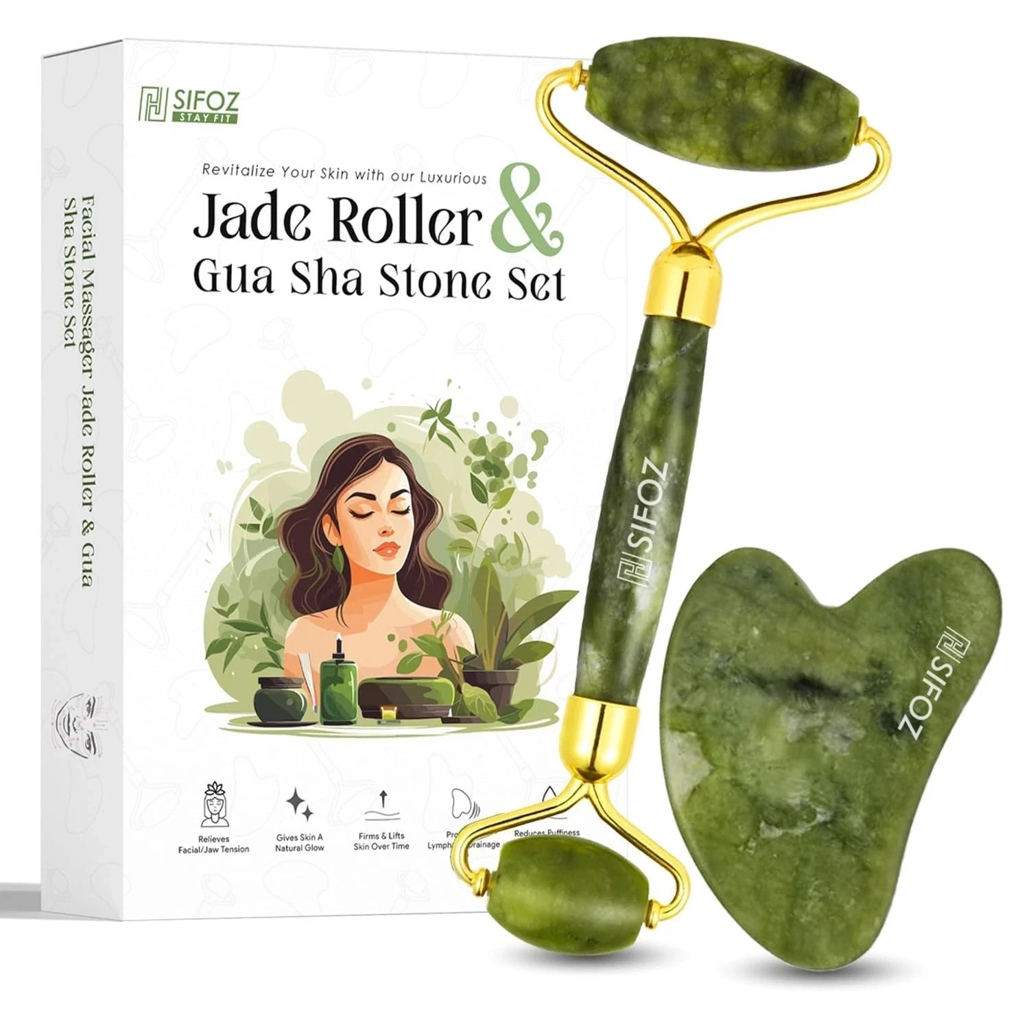 Sifoz Jade Roller & Gua Sha Set Face Anti-Aging Facial Roller Skin Care Tool