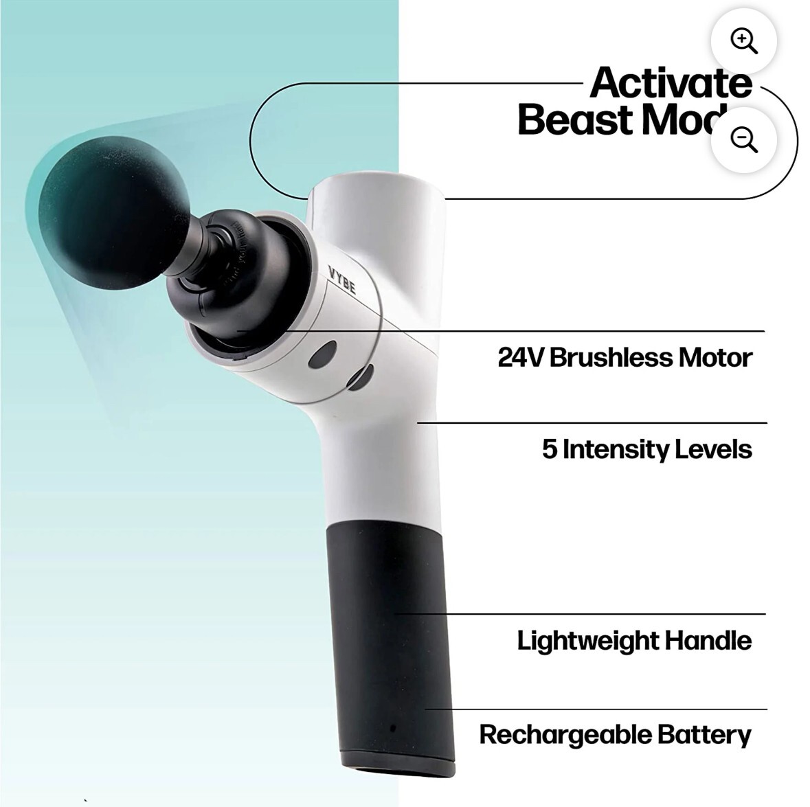 VYBE Professional Massage Gun Set, 5-Speed, w/attachments and case, Rechargeable