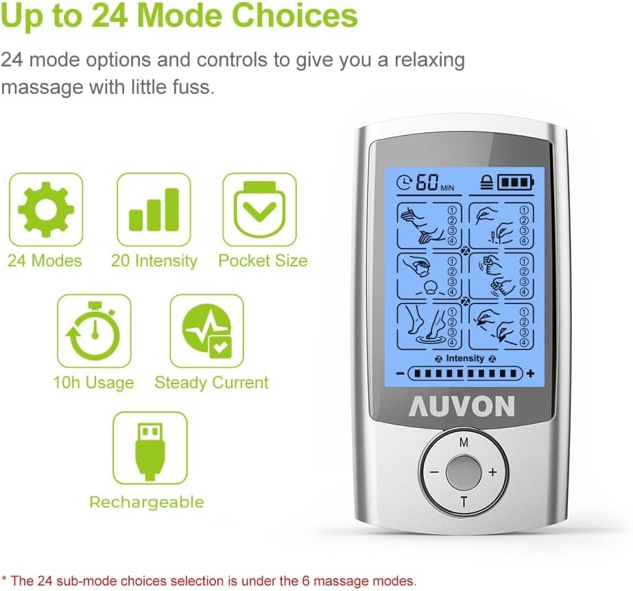 AUVON Rechargeable TENS Unit 24 Modes with 8 Electrode Pads