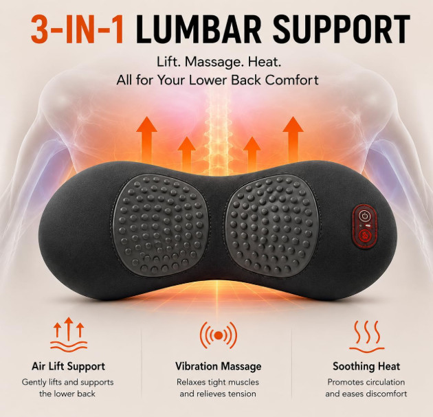Rechargeable Lumbar Support Pillow Heat Vibration Massage Air Lift Back Cushion
