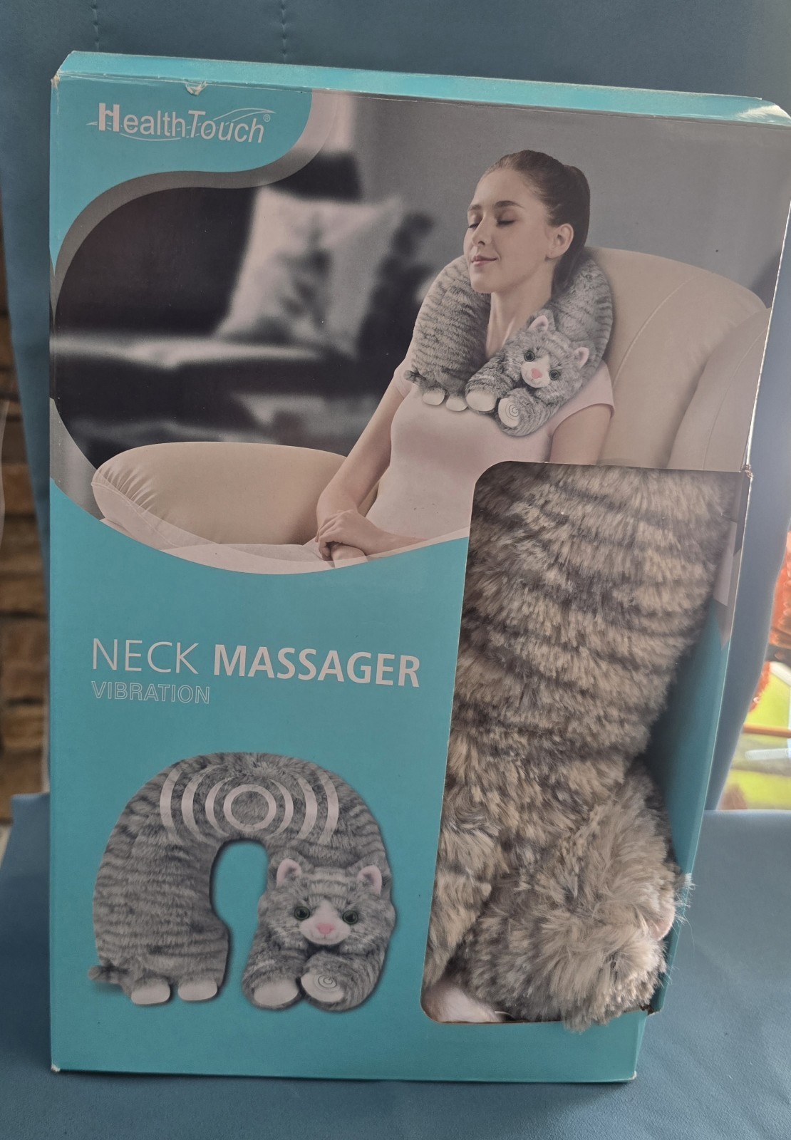 Health Touch Vibrating Neck Massager Gray Cat Design Polyester Battery Powered
