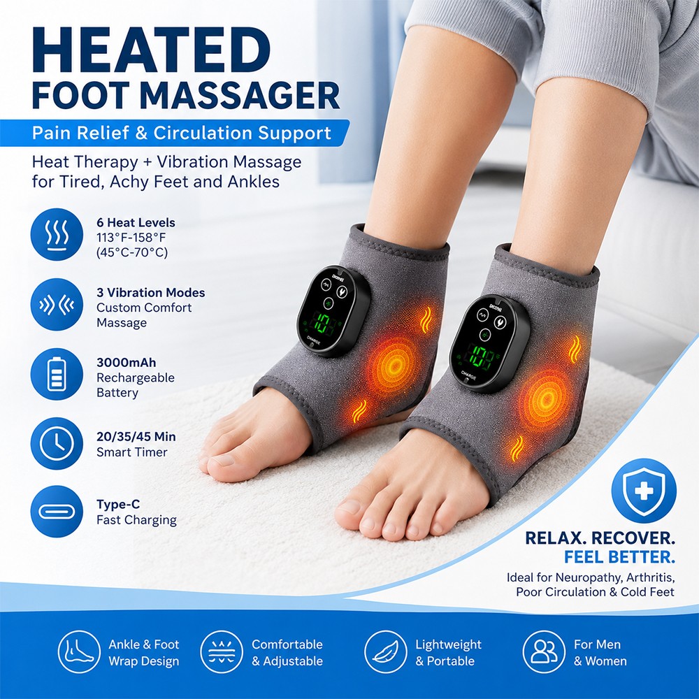 2x Electric Foot Ankle Massager Heating Vibration & Hot Compress Pain Relief
