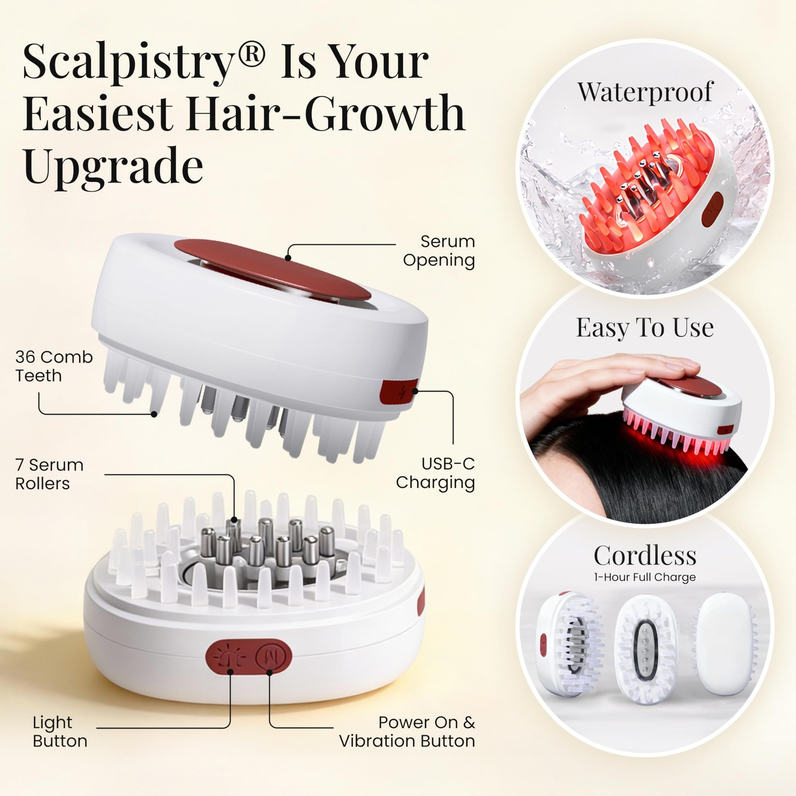 Scalpistry 7-1 Red Light Hair Brush Comb | Vibrating Electric White