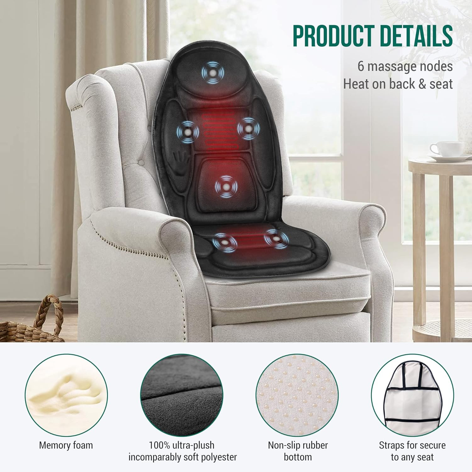 Back Massager with Heat, Memory Foam Chair Massage Pad, 5 Massage Modes & 2 Heat