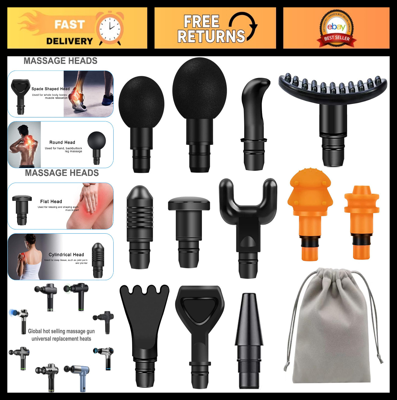 12PCS Massage Gun Attachments – Deep Tissue Percussion Heads for Pain Relief, Ea
