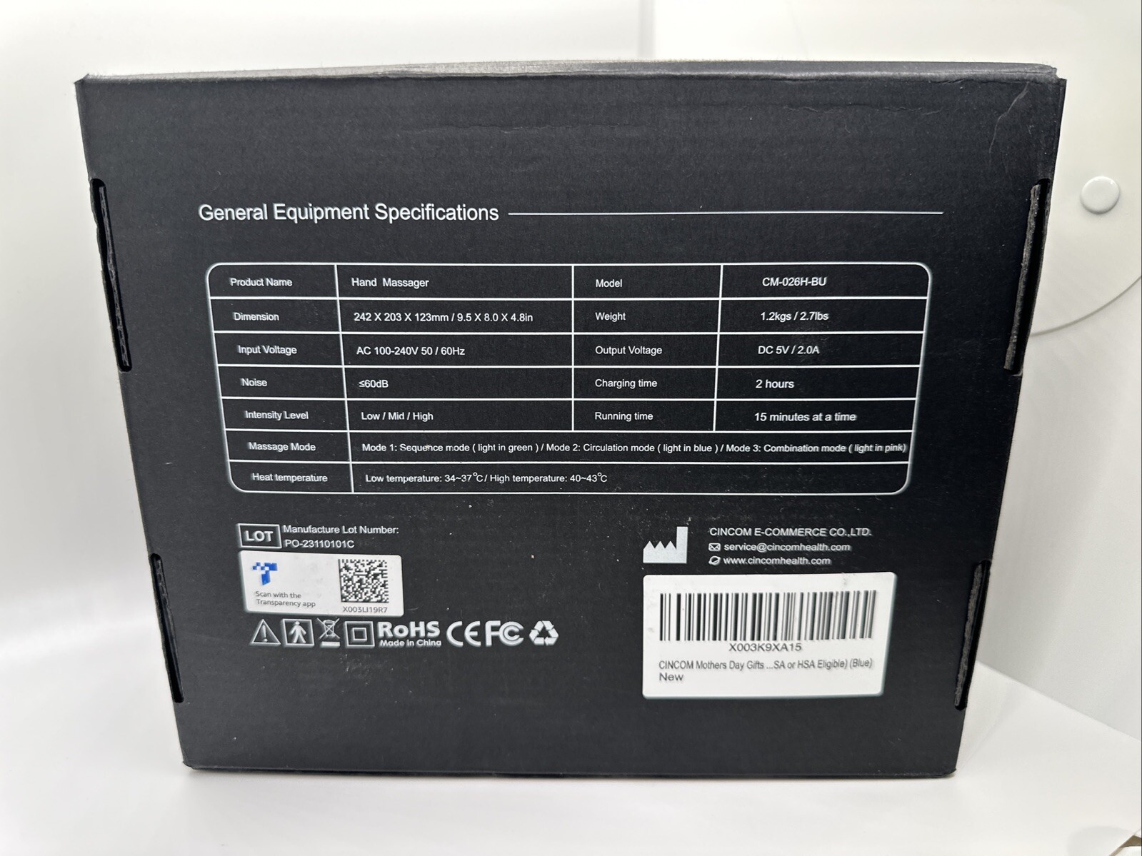 CINCOM Hand Massager Cordless with Heat and Compression CM-026H-BU Arthritis