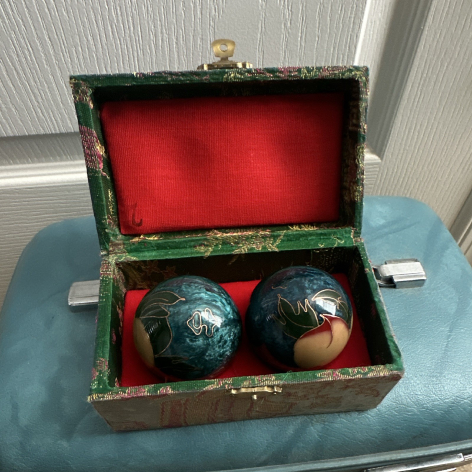 55mm Blue Peach Flower Handheld Massage Balls, Set of 2 with Decorative Box
