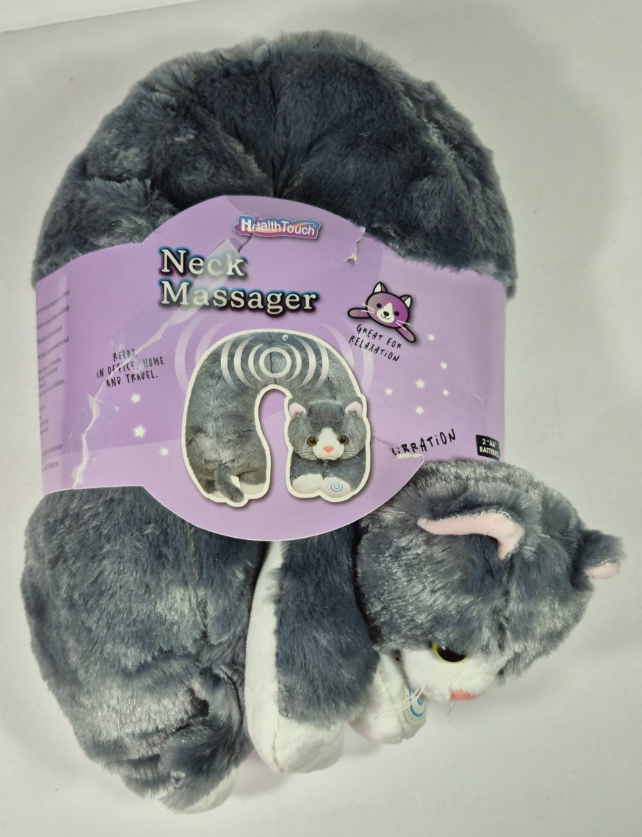 Health Touch Neck Massaging Massager Gift with Relaxing Vibration Gray Cat Plush