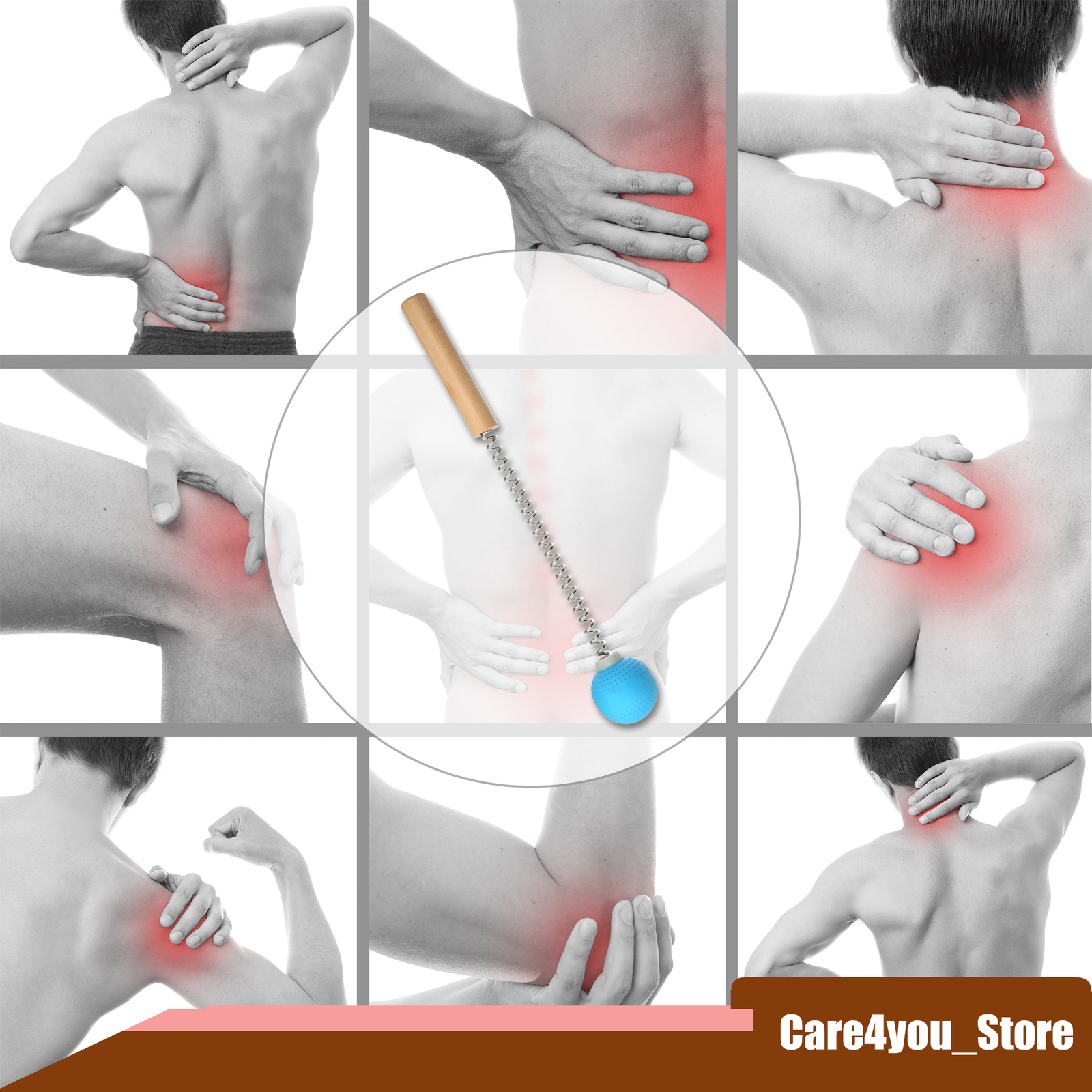 Item of 1 Handheld Neck Massager with Single Trigger Point Wood Spring TPR Blue