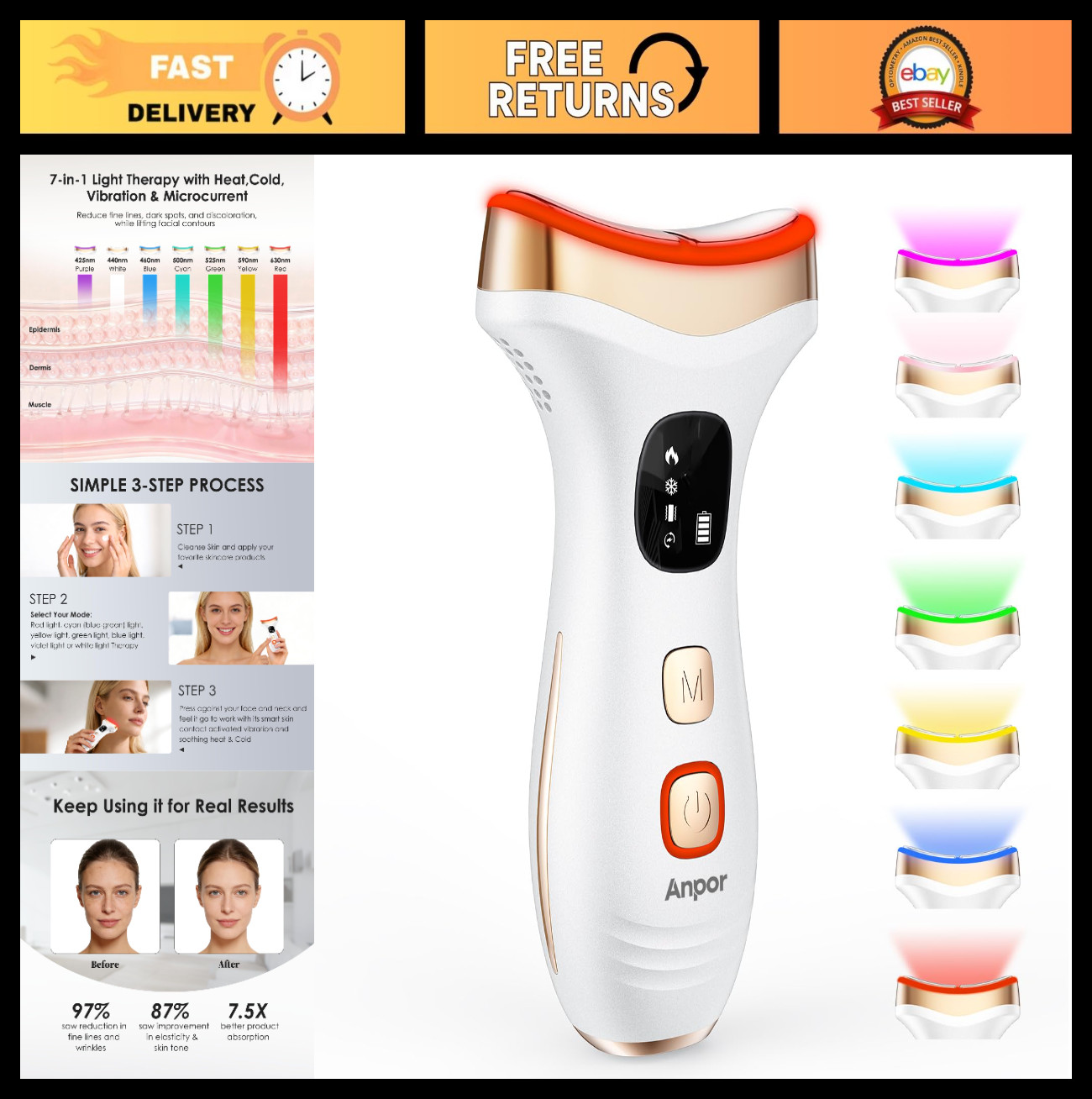 7-in-1 Facial Massager Tool with Heat & Cold, Gua Sha, Microcurrent, Light Thera