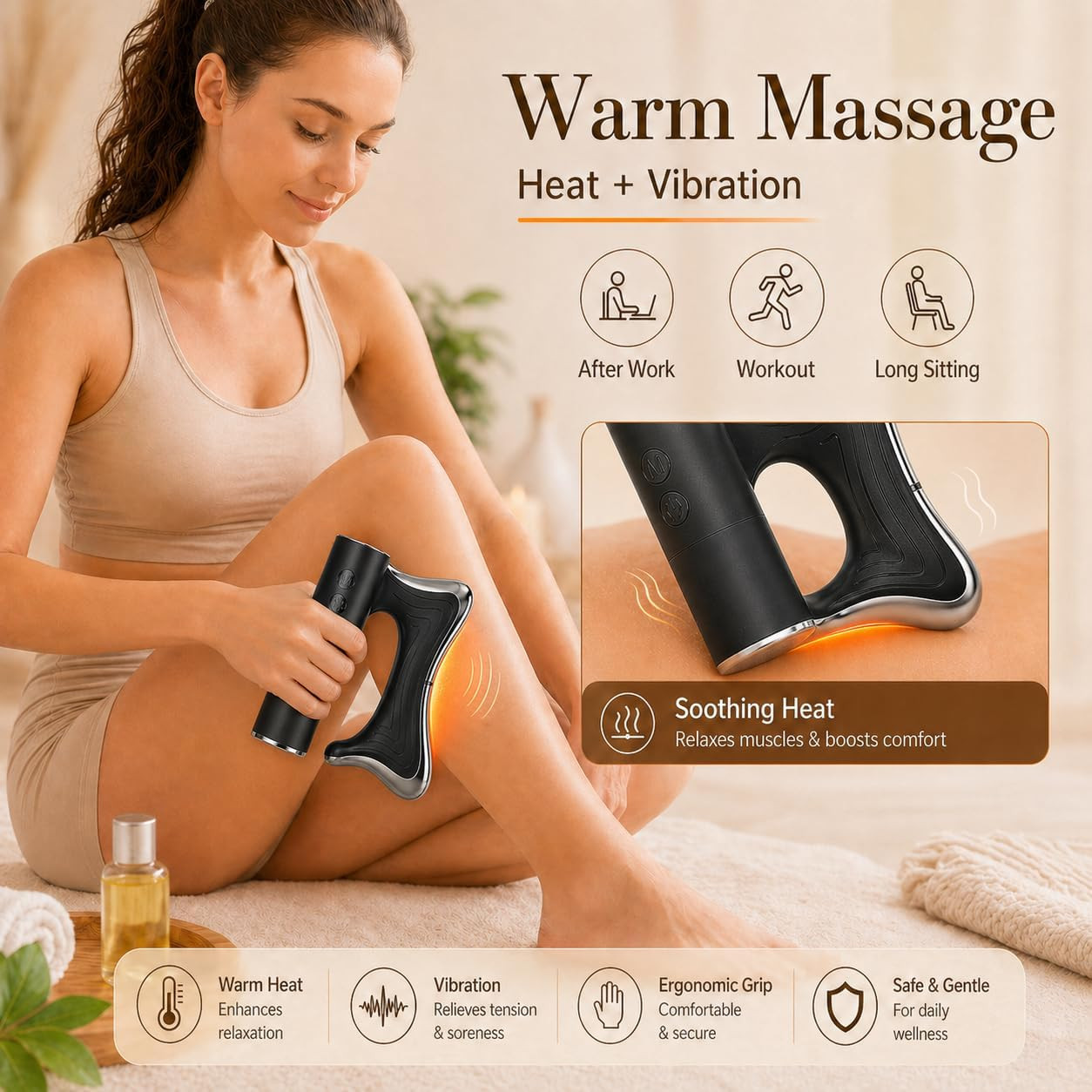Heated Muscle Scraper Tool with Microcurrent, 100-115°F Heat & Vibration, LED Sc
