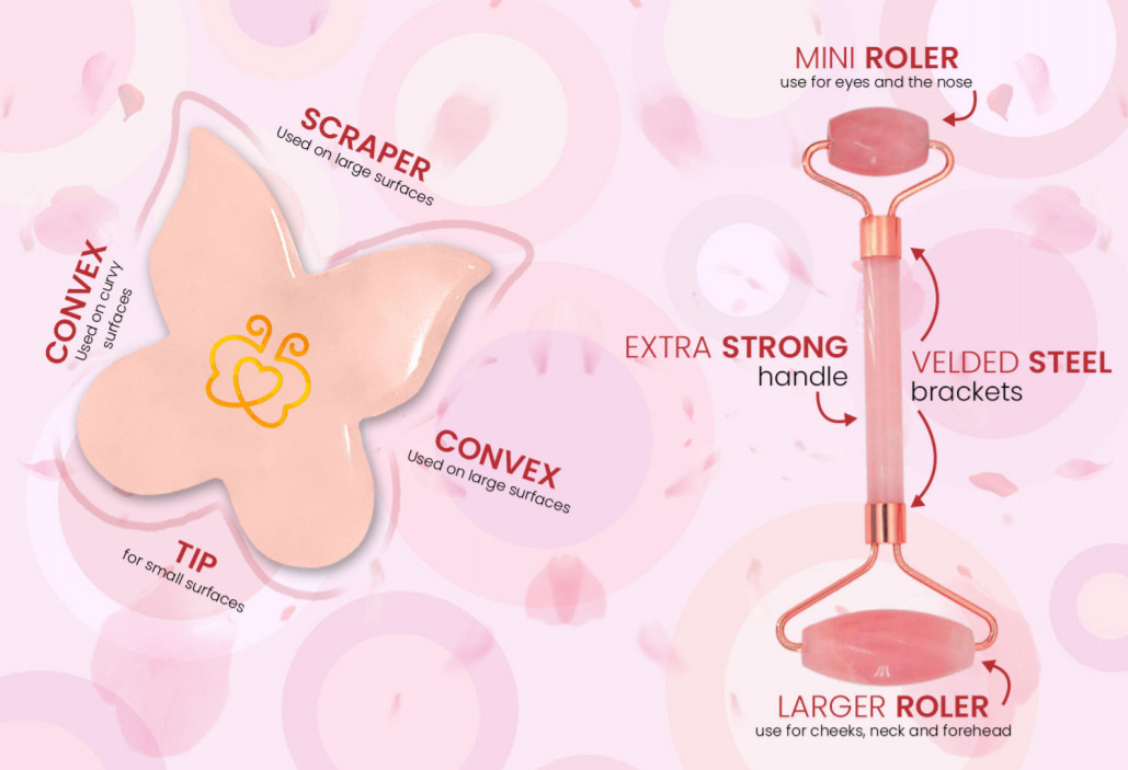 New Rose Quartz Massage Roller Jade Facial Massager + Rare Butterfly Gua Sha Set