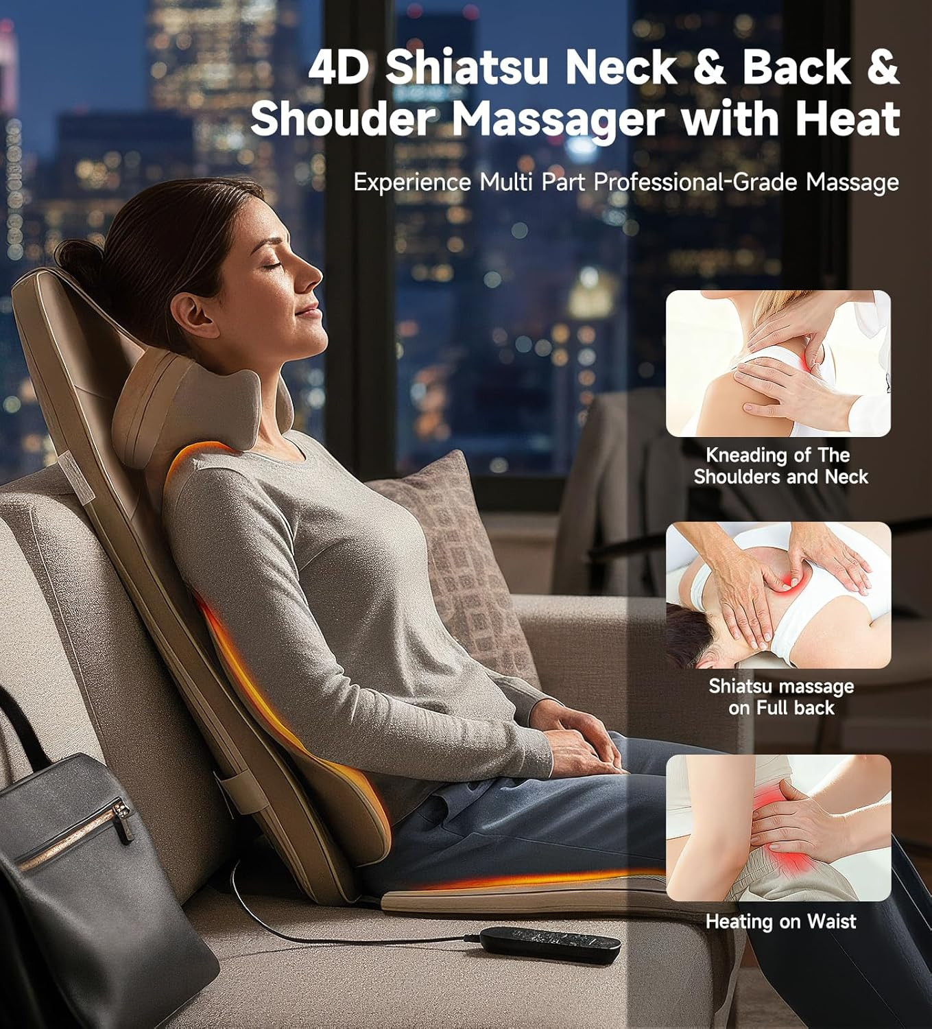 Shiatsu Neck & Back Massager with Heat, 3 Intensity Levels, 2 Attachments