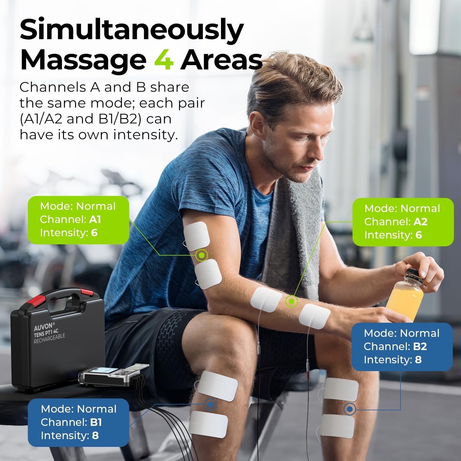 Rechargeable 4-Channel TENS Unit Muscle Stimulator for Back Pain Relief, 8 Modes