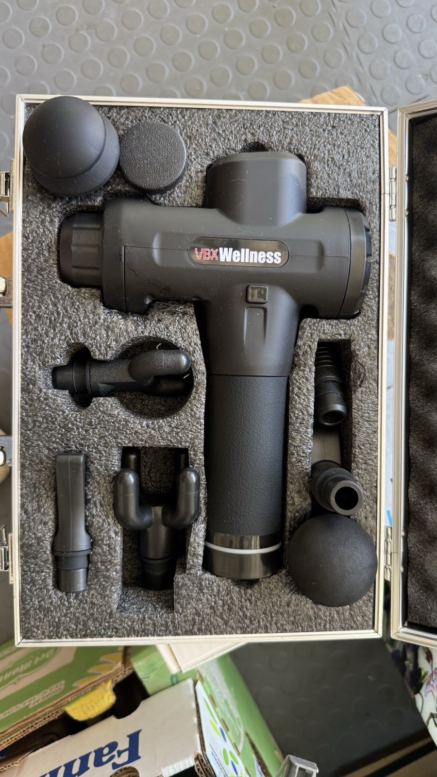 VBX Wellness Handheld Percussion Massage Gun, Black, Battery, 6 Heads, Case