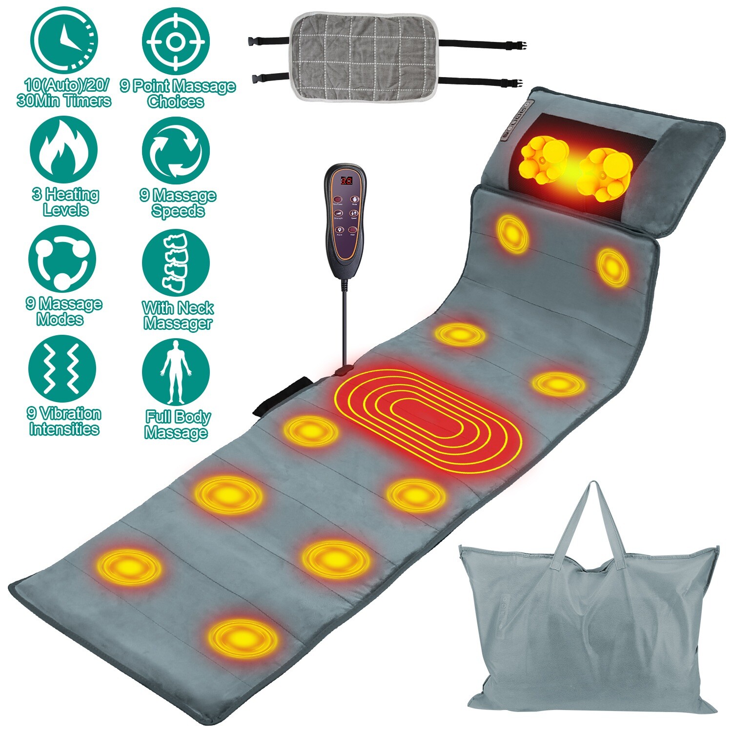 Full Body Massage Pad with Electric Heat and Vibration -Cushion with 10 Motors