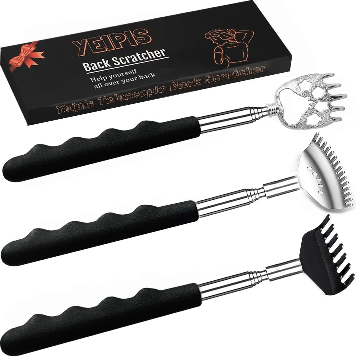 Yeipis 3 Pack Different Back Scratcher Metal Portable Telescoping with Rubber Ha