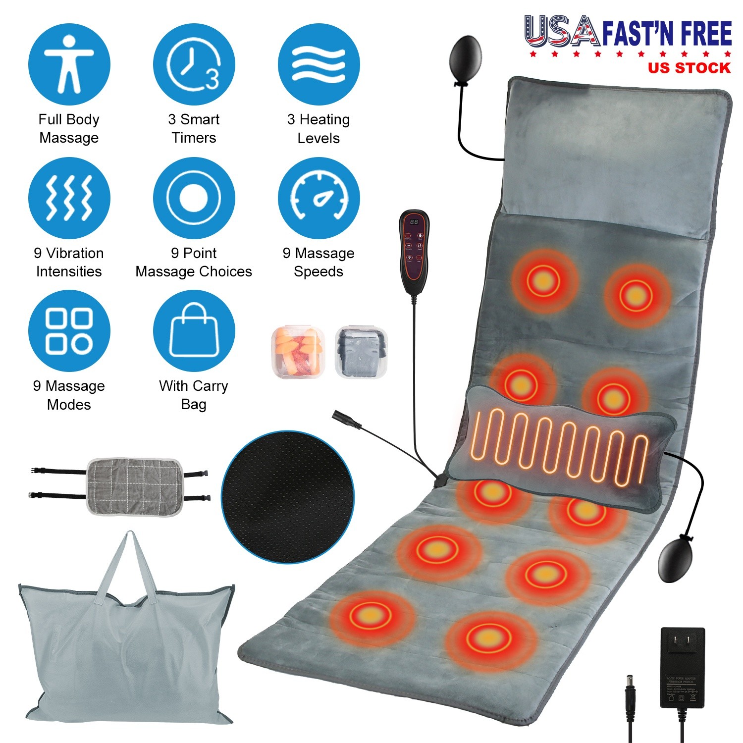 9 Mode Massage Mat Seat Heated Chair Pad Cushion Home Office Back Neck Lumbar