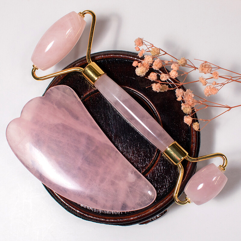 Natural Rose Quartz Jade Roller and Gua Sha Set Beauty Facial Body Massage