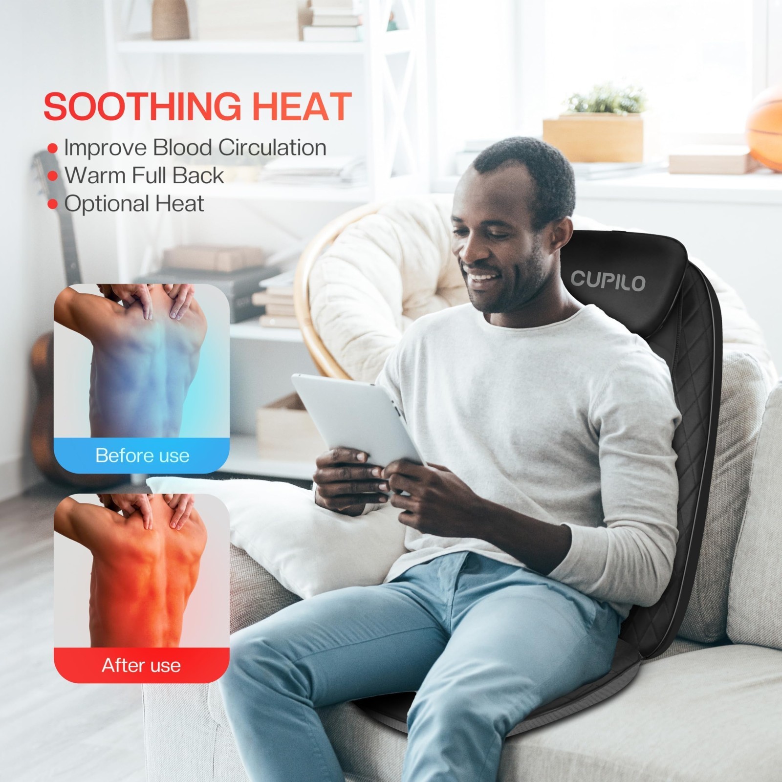 Deep Tissue Back Massager with Heat – Shiatsu Chair Pad & Inflatable Support, Gi
